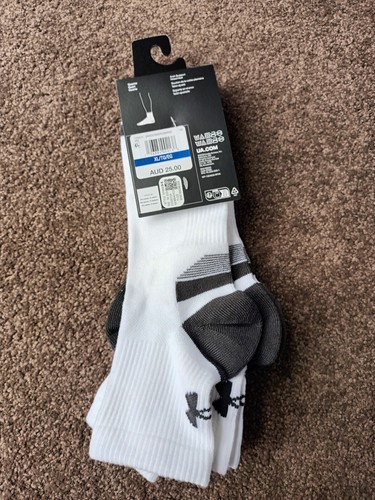 3 pack UA Perf Tech Quarter Crew Socks Size XL 13-16, White Grey, Under Armour - Picture 4 of 4