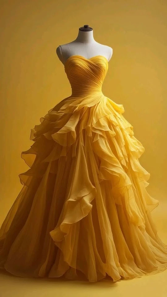 Yellow Wedding Dresses Tulle Strapless Ruffles Sleeveless A Line Bridal Gowns - Image 3 of 4