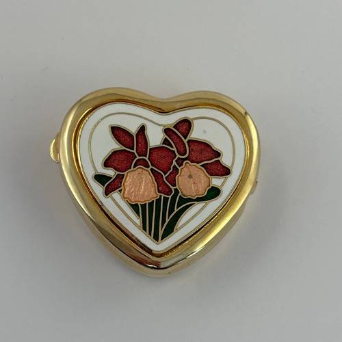 Vintage Gold Tone Heart Shaped Pill Box Enamel Flower