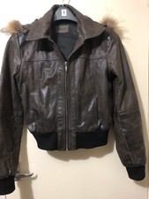 Aviatrix Classic Bomber Detachable Fur Hood Real Leather Jacket Size 10/12