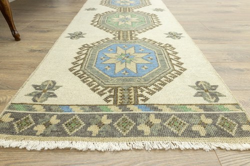 Cream Green Runner, 2.5 x 8.1 ft, Entryway Rug, Tribal Hall Decor, Wool Cotton - Picture 8 of 12