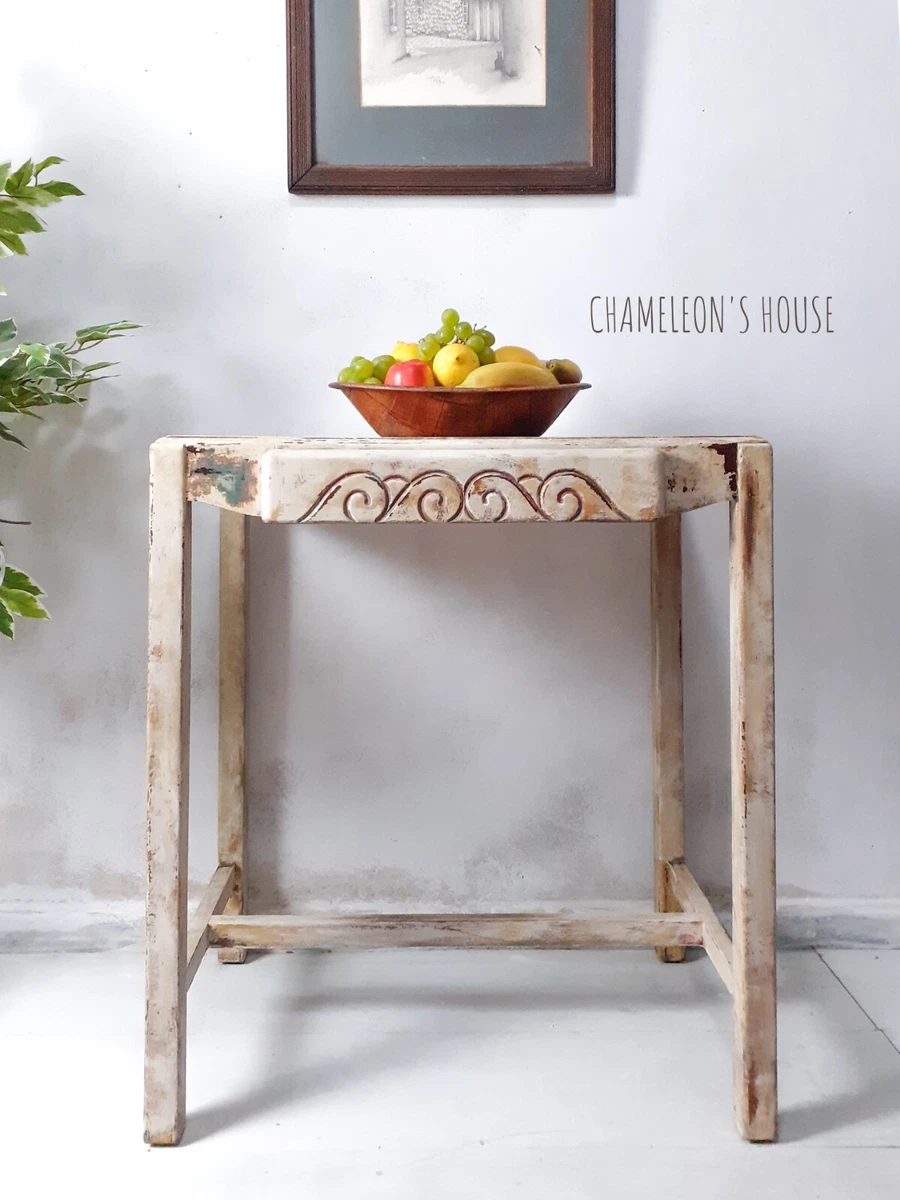 Painted Beige Distressed Vintage End Table Boho Chic Rectangular
