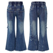 Kids Girls Jeans Raw Hem Pants Vacation Trousers Climbing High Waist Flared