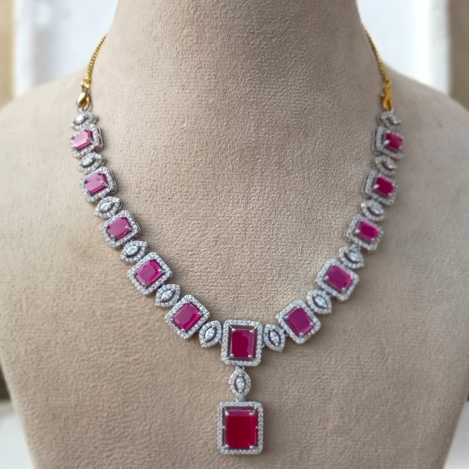 Premium Ruby Necklace jewelry, White plated Necklace, South Indian Necklace - Image 4 of 4