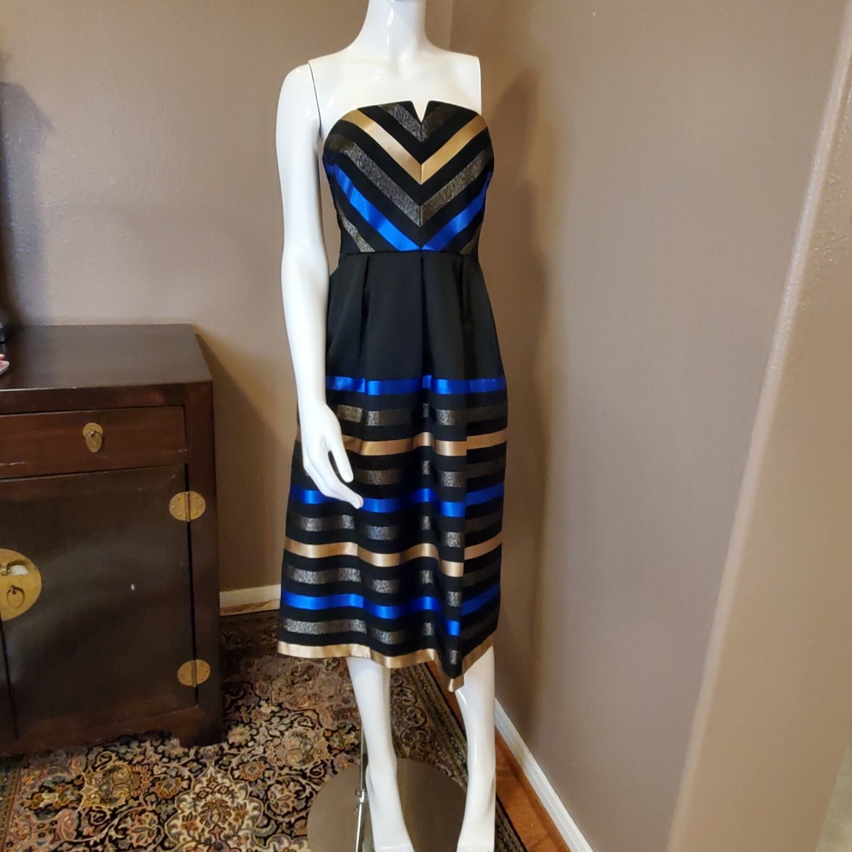 NWT SHOSHANNA black gold, blue, and glitter striped strapless midi