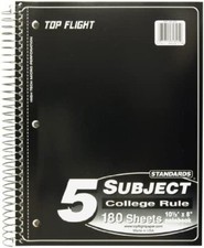 Top Flight Standards 5-Subject Wirebound Notebook, 180 Sheets, 3-Hole...