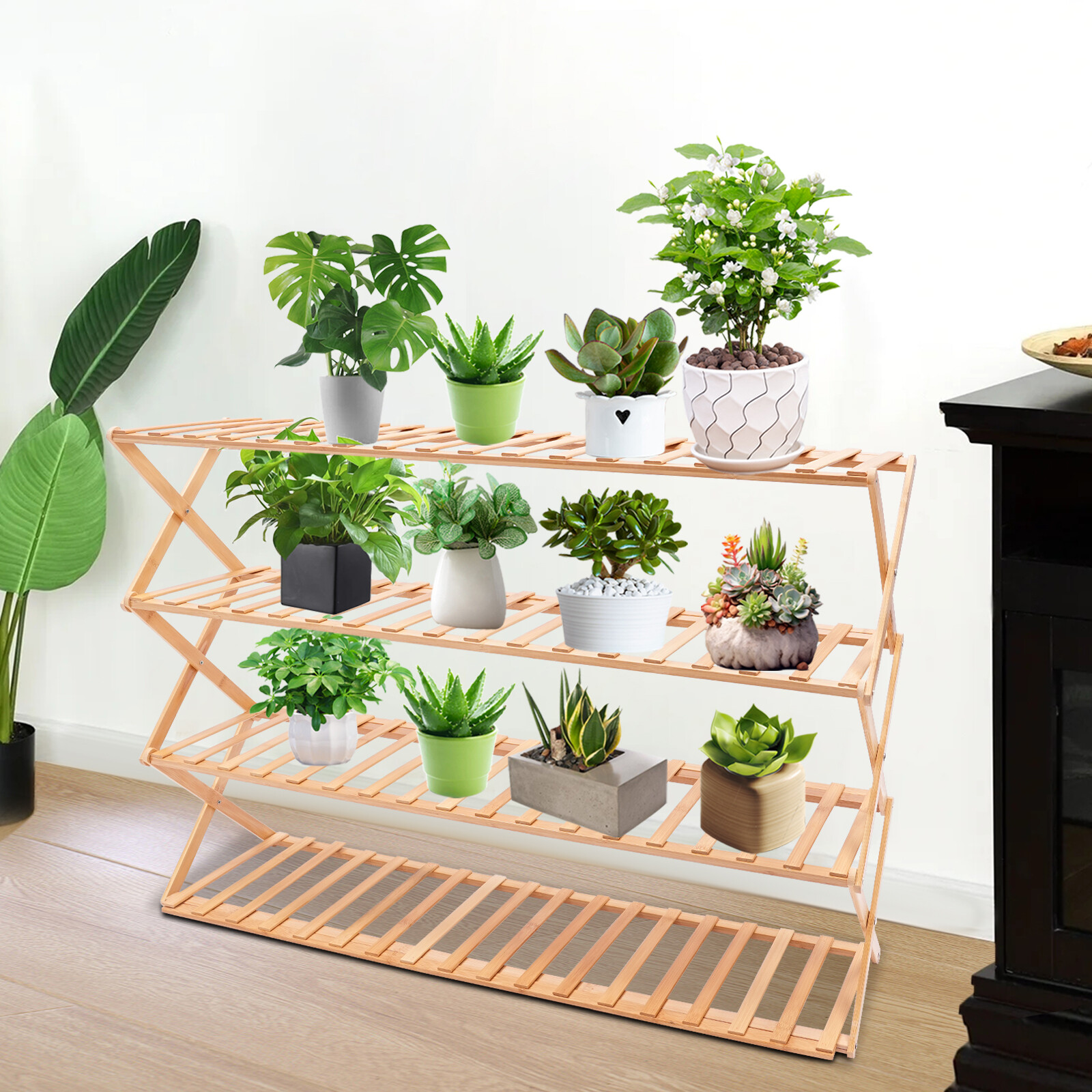 4-Tier Foldable Bamboo Shoe Rack for Living Room Entryway Hallway Closet