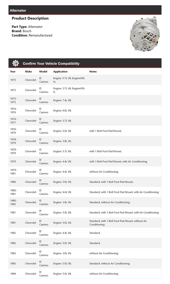 Alternador para Chevrolet El Camino Bosch 1973-1984 (remanufacturado) 1974 1975 Foto 2 de 4