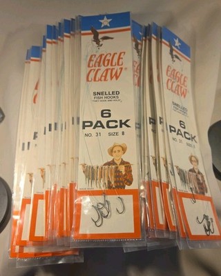 Eagle Claw Lot Of 40 Packs 6 Hooks Per Pack Snelled Fish Hooks NO. 31 Size 8 NOS
