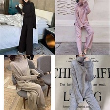 Women Spring Autumn 2 Piece Set Warm Pullovers Knitted Wide Turtleneck Tracksuit