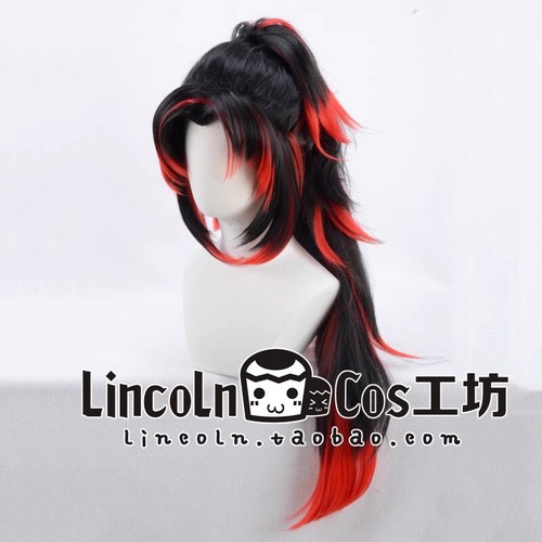 Parrucca capelli lunghi Demon Slayer Anime Kokushibo cosplay nero rosso coda di cavallo con rete per capelli - Foto 5 di 7