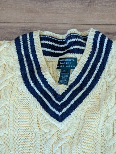 Vtg RALPH LAUREN HandKnit 100% Cotton Classic Tennis Cricket Varsity Sweater M - Picture 3 of 9