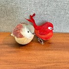 Set of 2 Vintage Christmas Tree Birds Red and Natural Feathers Wire Legs