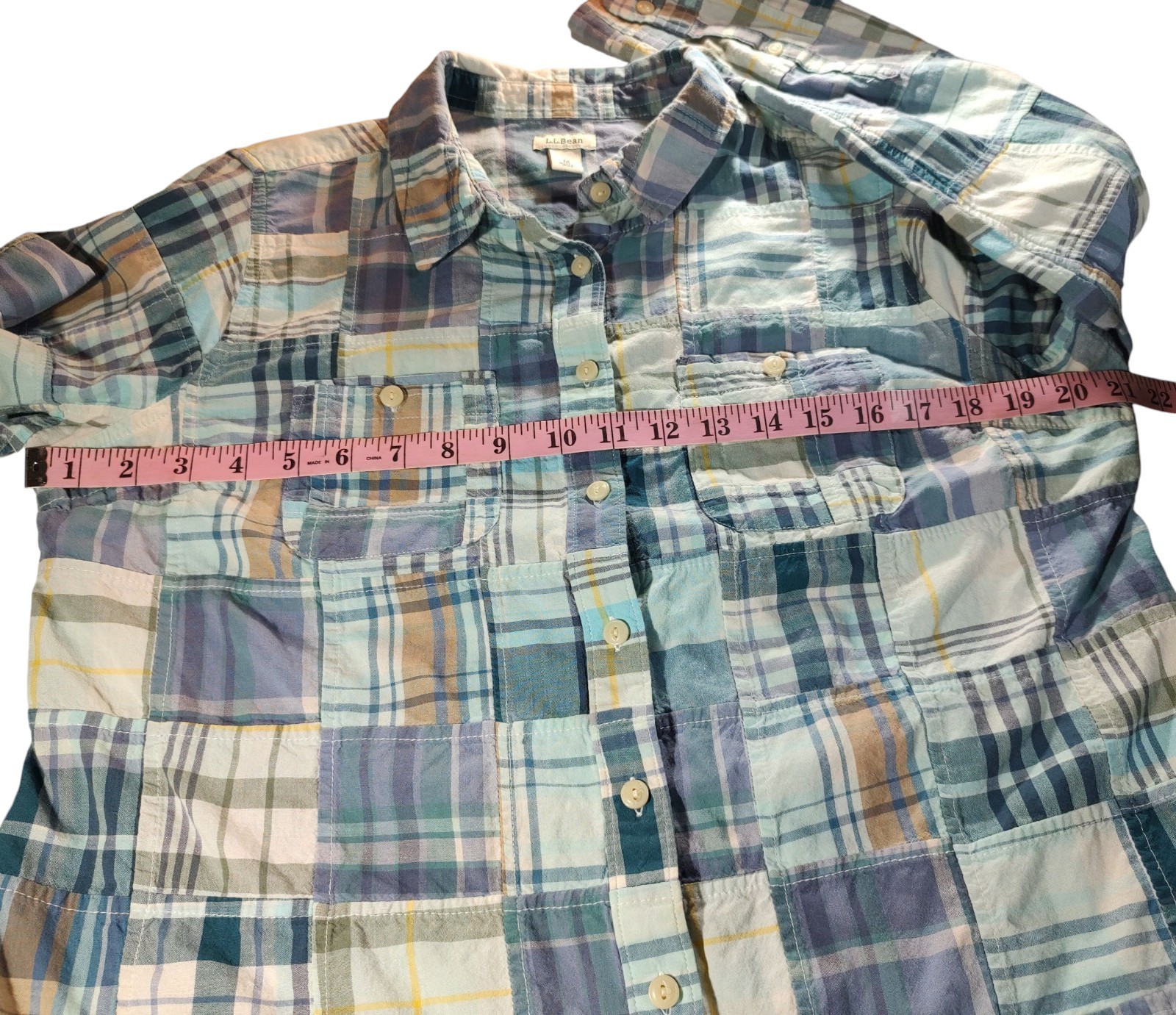 LL Bean Patchwork Madras Plaid Button Up Top Long… - image 10