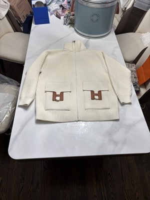 Hermes H Pocket Logo Wool Knit Black Zipper Jacket Constance