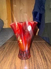 Fenton Ruby Red Iridescent Art Glass Vase Hand Painted Signed Ruffled Vintage
