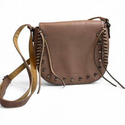 David Jones Paris Brown Studded Crossbody Bag Boho Whipstitch Flap