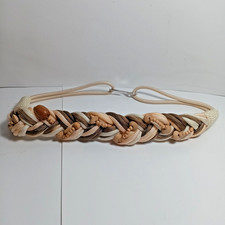 Vintage 80s Boho Woven Macrame Braided Rope Cord Belt Tan /Brown Wood Beads 27in