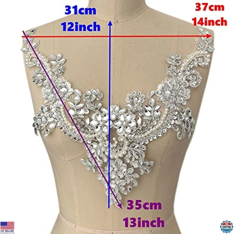 Elegantes cuentas de flores de encaje y apliques de diamantes de imitación de perlas para escotes de vestido, Foto 2 de 4