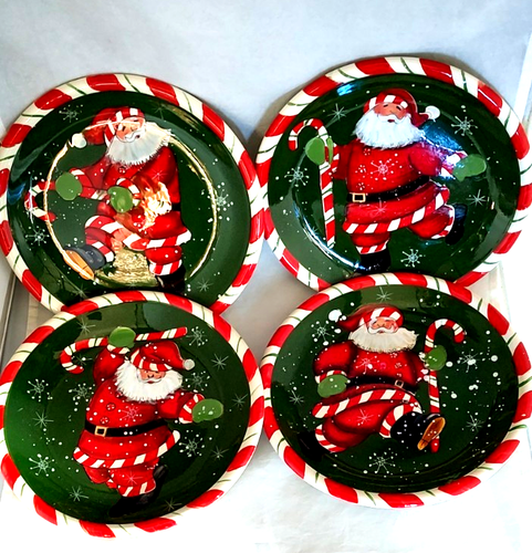 4-Weihnachten Dessertteller Pfefferminz Santa Tanzen Set 8,5" Susan Winget mit Box - Bild 2 von 10