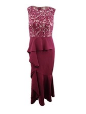 Alex Evenings Women's Ruffled Lace-Contrast Gown 12, Wine/Nude 884002844318