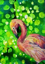 Original hand-painted ACEO Abstract Flamingo Painting by TANIA BOLIN