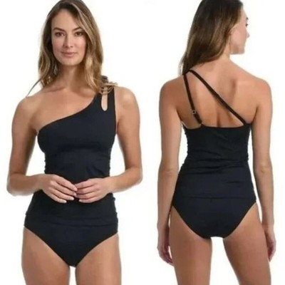 La Blanca Women's Island Goddess One Shoulder Tankini Top Black Size US 16 NWT