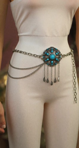 Women Silver Metal Chain Belt Turquoise Color Beads Flower Charm Fit Size XS S M - Picture 22 of 24