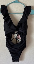 NWT Womens One Piece Swimsuit Size Small Black Ruffle Sleeves Cut Out Z