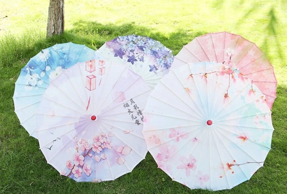 Sombrilla Paraguas Vintage Chino Tradicional Floral Impermeable Tela Varilla Madera Foto 3 de 4