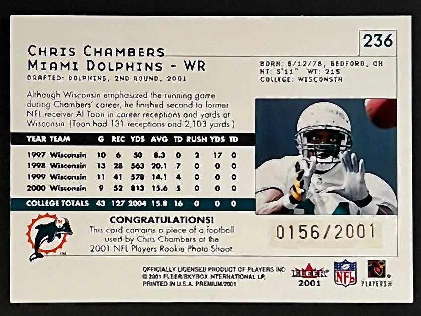 2001 Fleer Premium #236 Chris Chambers /2001 RC Event Ball Miami Dolphins - Image 2 of 2