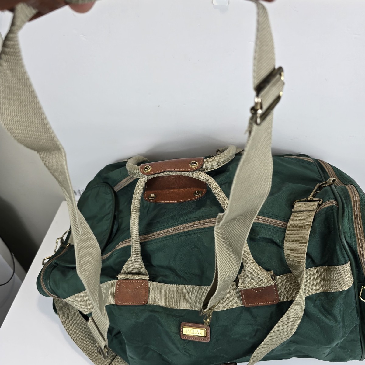 Vintage Jaguar Canvas Leather Duffle Bag Green Medium Large 90s