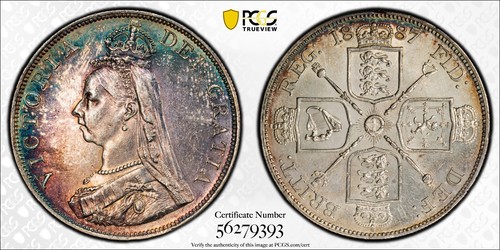 GREAT BRITAIN VICTORIA 1887 DOUBLE FLORIN SILVER COIN, PCGS CERTIFIED AU58