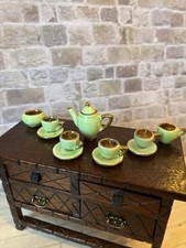 Dolls House Miniature Hand painted Green & Gold Porcelain Teaset Art Deco?