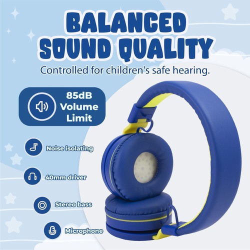 Kids Headphones 85dB Safe Volume Limited On-Ear Wired 3.5mm Earphones with Mic - Picture 2 of 10
