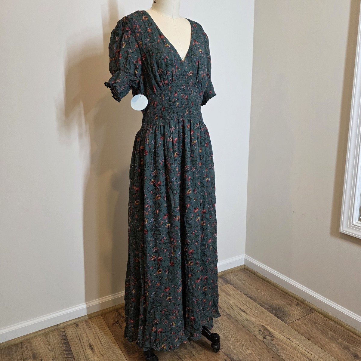 Hill House Home Georgia Nap Dress Sz L Green Floral Smocked Maxi