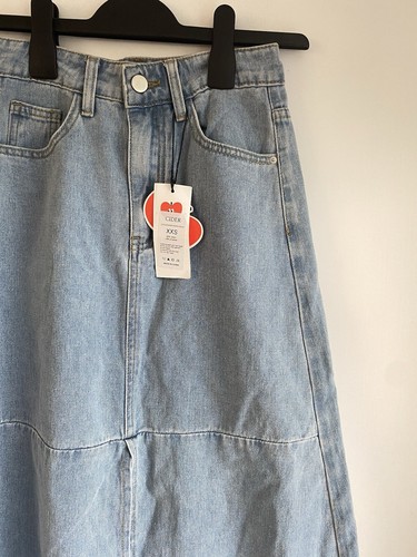 CIDER Light Blue Denim Maxi Skirt Front Split Distressed Raw Hem Size XXS BNWT - Picture 6 of 15