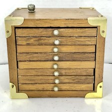 Vintage Wood Cork Brass Drink Coasters Set of 8 w/Storage Box Caddy Mid-Century