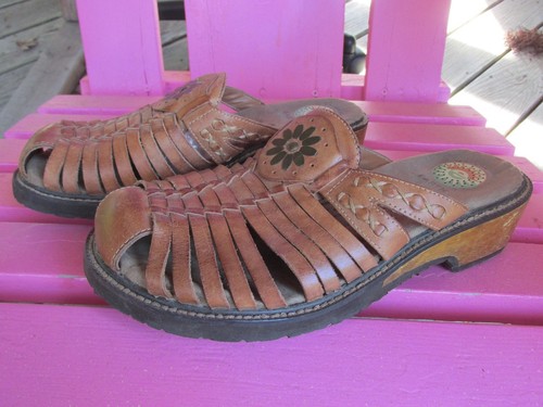 Earth Spirit Womens Tan Slide Slip On Slide Mule Sandal Size 6.5 Wood Wedge Heel - Picture 5 of 5