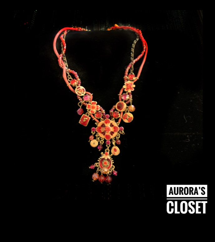 Artisan Red Statement Necklace Dangle Rhinestone - image 2