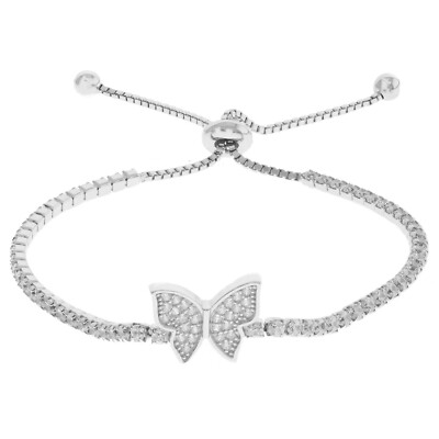 Womens 925 Sterling Silver Buttefly CZ Bolo Tennis Adjustable Bracelet 