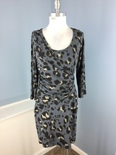 Ann Taylor M p Charcoal Gray Faux Wrap Dress Animal print career Ruched knit Euc