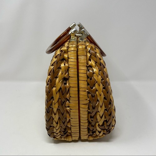 Vintage 70s Large Wicker Woven Structured Lucite Handle Hand Bag - 第 6/12 張圖片