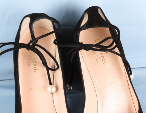 KATE SPADE NY Black Suede Leather GENA PEARL TIE PUMPS High Heels Shoes SZ 7 M - Picture 7 of 9