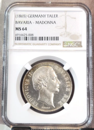 1865 GERMANY SILVER 1 TALER BAVARIA MADONNA NGC MS 64 RARE BU GREAT CAMEO LOOK