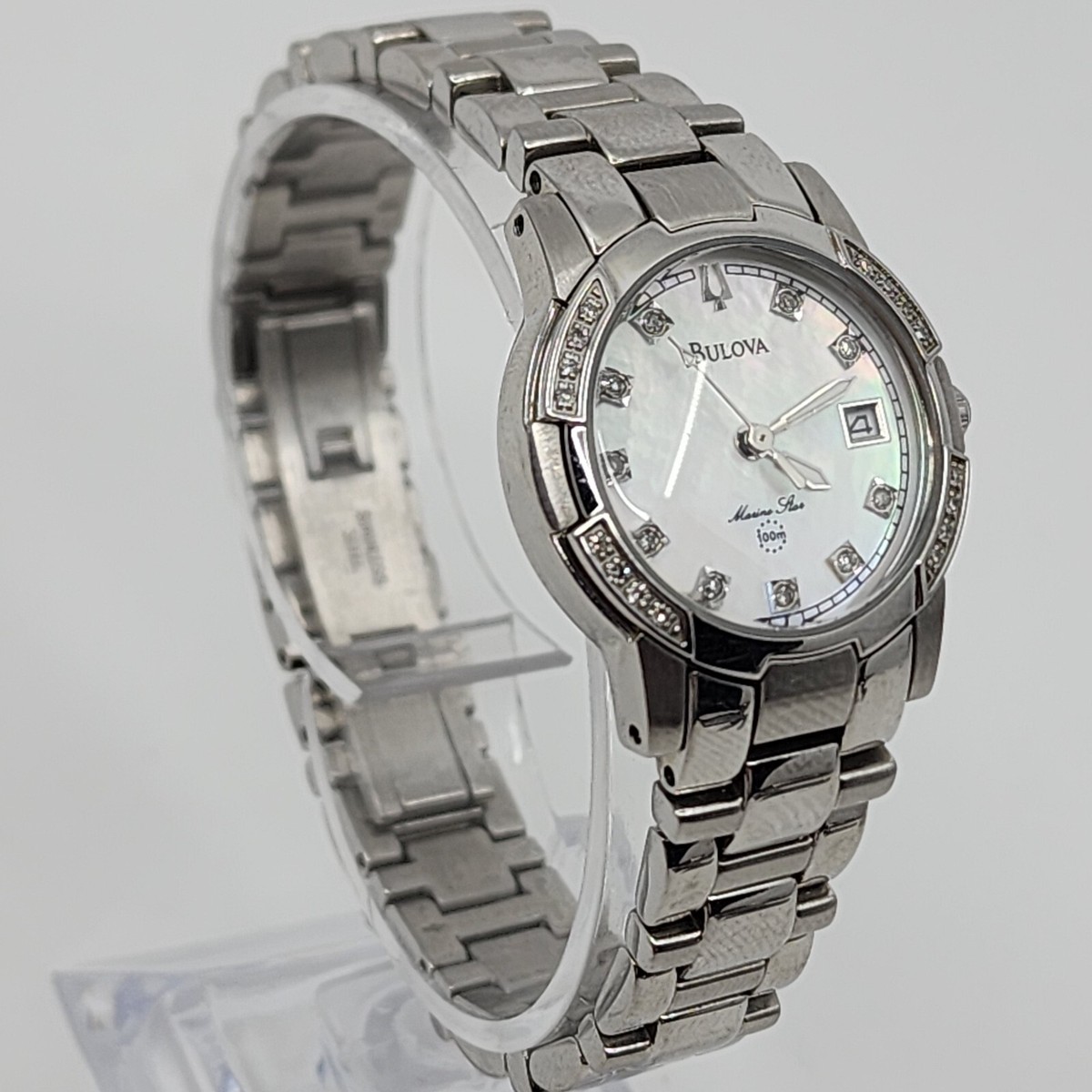 Bulova Marine Star Silver Tone Mother of Pearl Womans Faux  