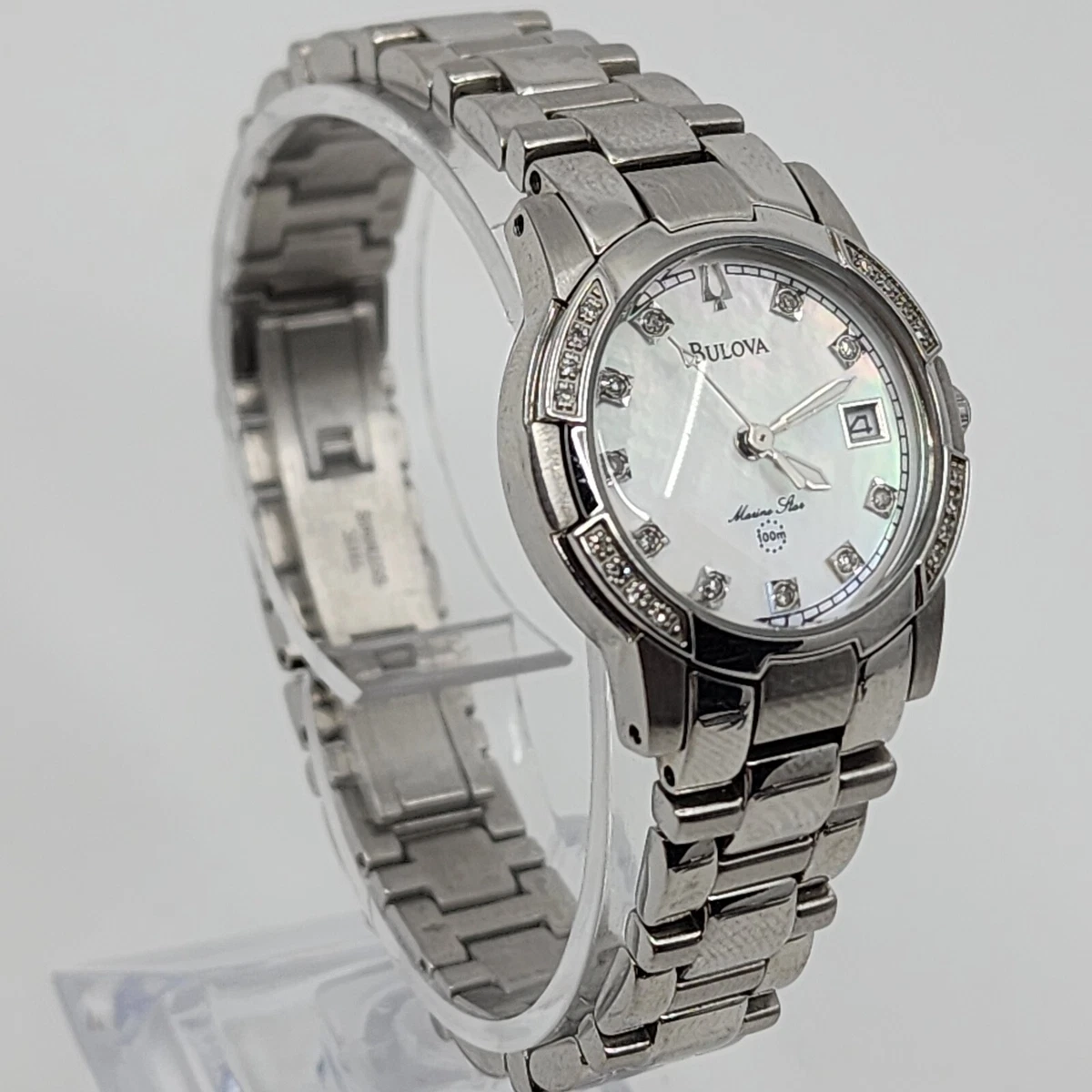 Bulova Marine Star Silver Tone Mother of Pearl Womans Faux  