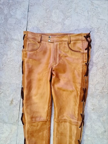 LEATHER UNISEX BROWN VINTAGE FULL LENGTH SIDE LACED PANTS ALL SIZES. - Picture 3 of 4