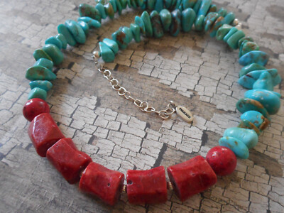 Chunky Barse Southwest Sterling Silver Turquoise & Coral Beaded Necklace   29ZZT