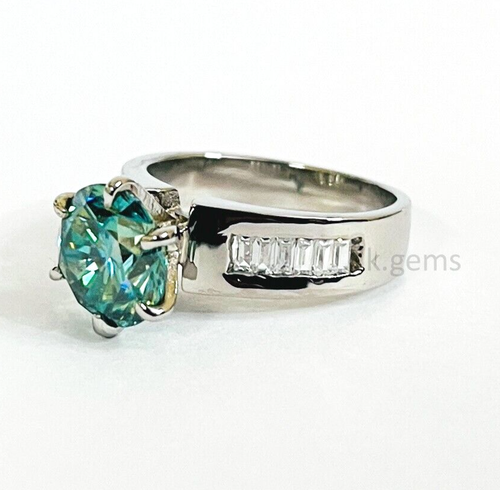3 Ct Blue Treated Diamond Ring With Baguette Accents VVS1 Certified ! Ideal Gift - Picture 2 of 6